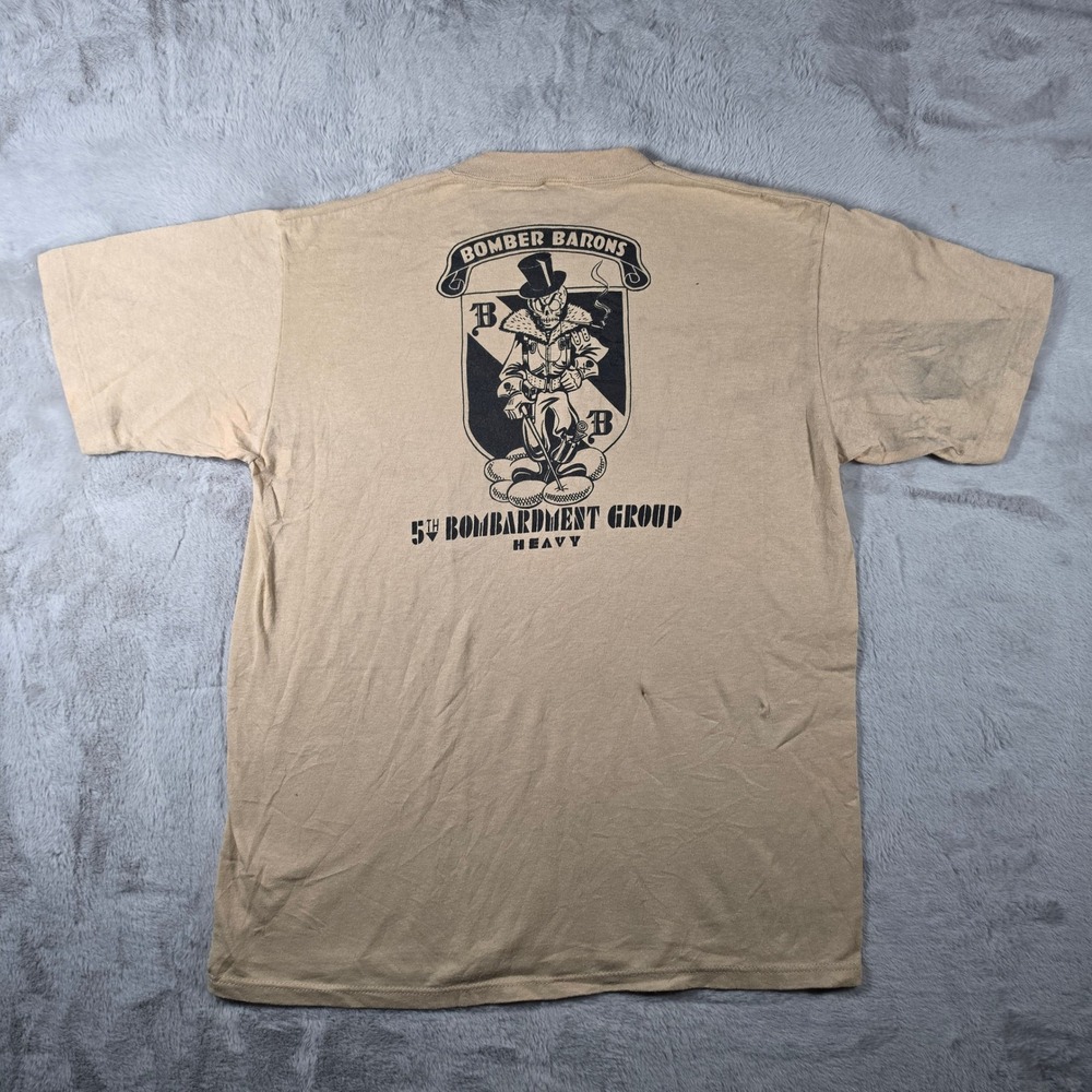 Jerzees Pocket Shirt Mens L Tan Bomber Barons 5th Bombardment Group Vintage 90s